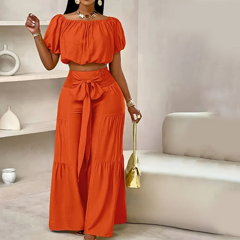 Off-Shoulder Puff Sleeve Top & Wide-Leg Pants 2-Piece Set – Elegant, Comfortable & Perfect for Summer Days