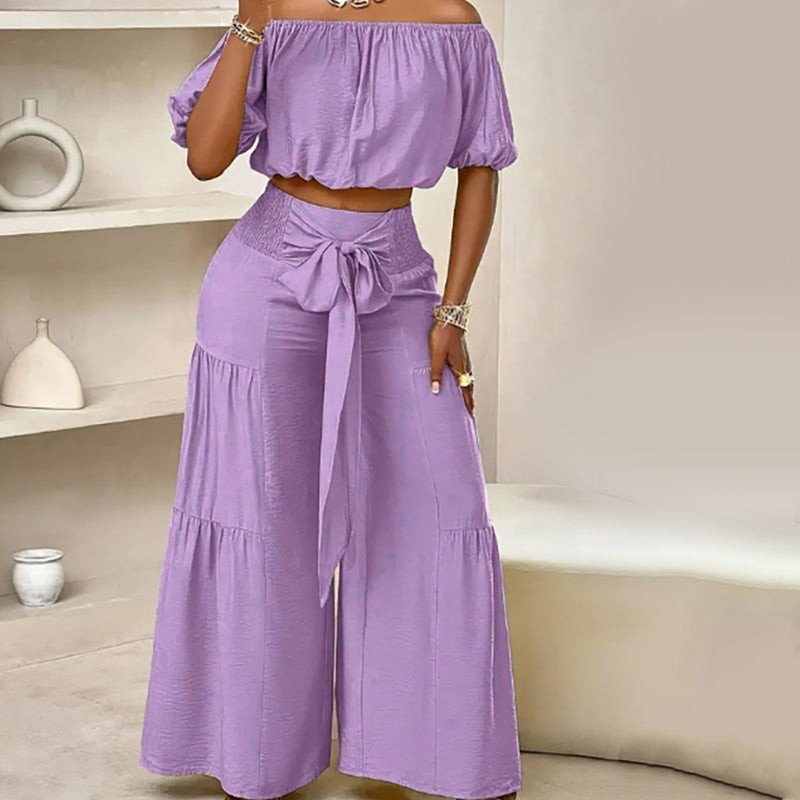 Off-Shoulder Puff Sleeve Top & Wide-Leg Pants 2-Piece Set – Elegant, Comfortable & Perfect for Summer Days