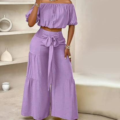 Off-Shoulder Puff Sleeve Top & Wide-Leg Pants 2-Piece Set – Elegant, Comfortable & Perfect for Summer Days