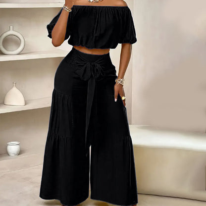 Off-Shoulder Puff Sleeve Top & Wide-Leg Pants 2-Piece Set – Elegant, Comfortable & Perfect for Summer Days