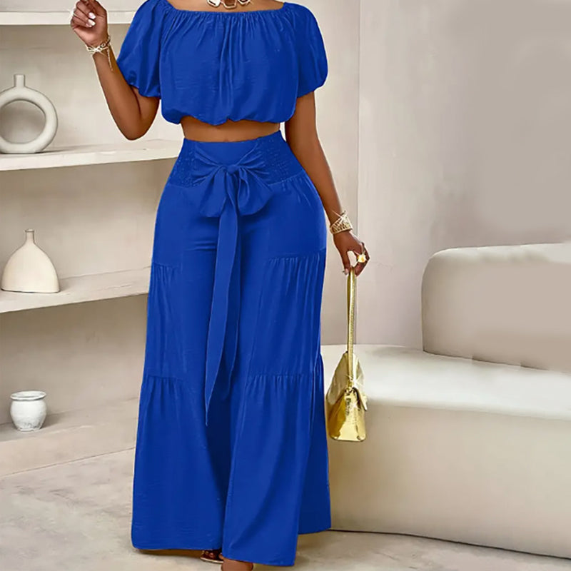 Off-Shoulder Puff Sleeve Top & Wide-Leg Pants 2-Piece Set – Elegant, Comfortable & Perfect for Summer Days