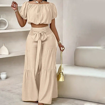 Off-Shoulder Puff Sleeve Top & Wide-Leg Pants 2-Piece Set – Elegant, Comfortable & Perfect for Summer Days