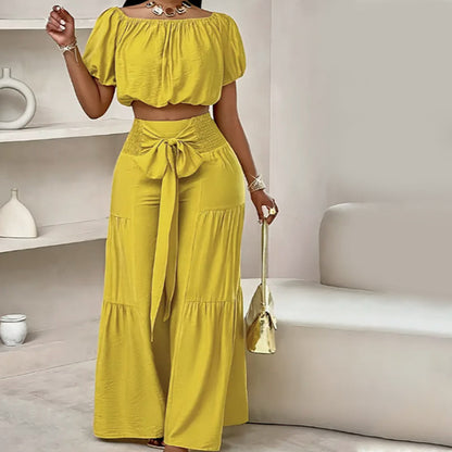 Off-Shoulder Puff Sleeve Top & Wide-Leg Pants 2-Piece Set – Elegant, Comfortable & Perfect for Summer Days