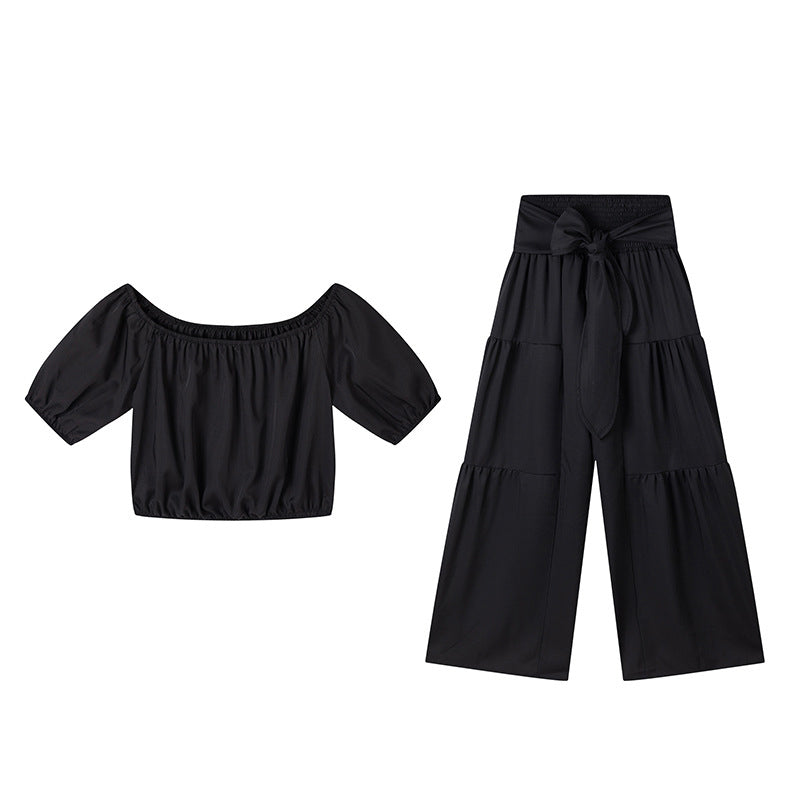 Off-Shoulder Puff Sleeve Top & Wide-Leg Pants 2-Piece Set – Elegant, Comfortable & Perfect for Summer Days