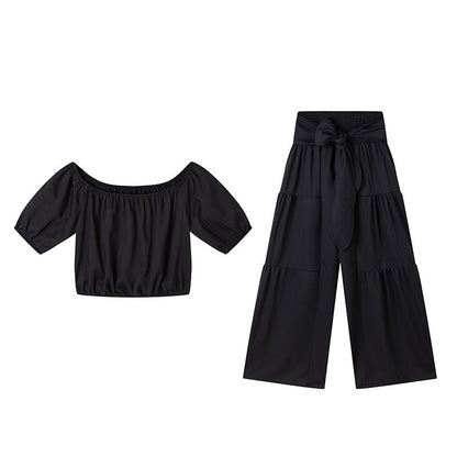 Off-Shoulder Puff Sleeve Top & Wide-Leg Pants 2-Piece Set – Elegant, Comfortable & Perfect for Summer Days