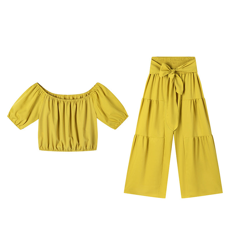 Off-Shoulder Puff Sleeve Top & Wide-Leg Pants 2-Piece Set – Elegant, Comfortable & Perfect for Summer Days