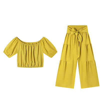Off-Shoulder Puff Sleeve Top & Wide-Leg Pants 2-Piece Set – Elegant, Comfortable & Perfect for Summer Days
