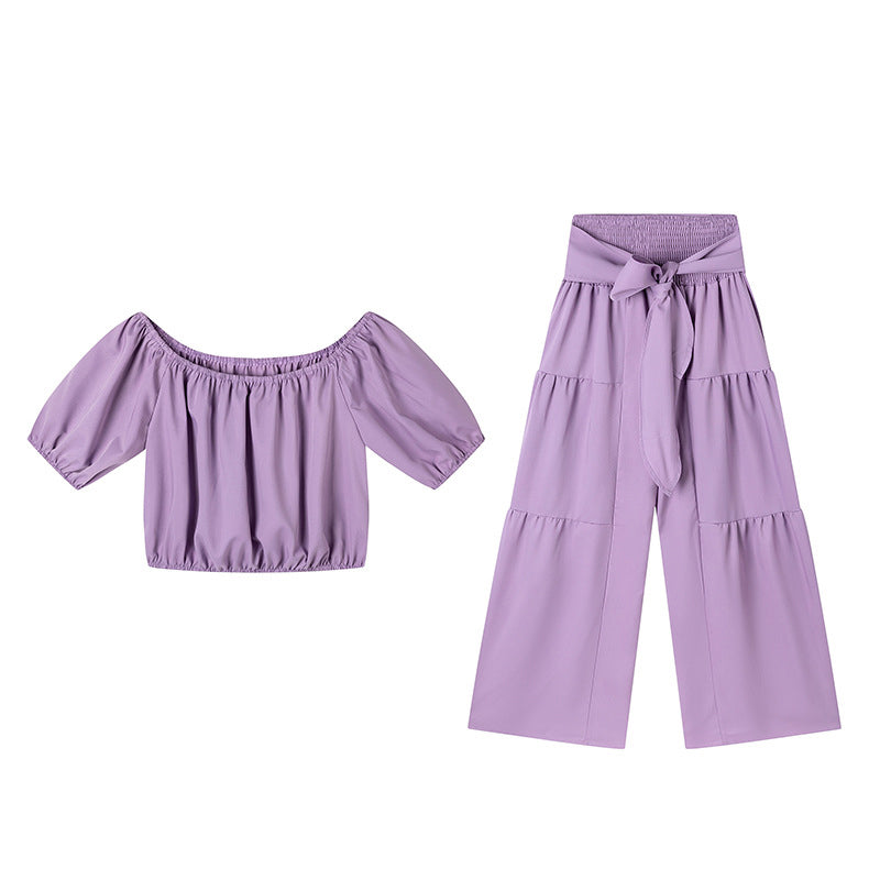 Off-Shoulder Puff Sleeve Top & Wide-Leg Pants 2-Piece Set – Elegant, Comfortable & Perfect for Summer Days