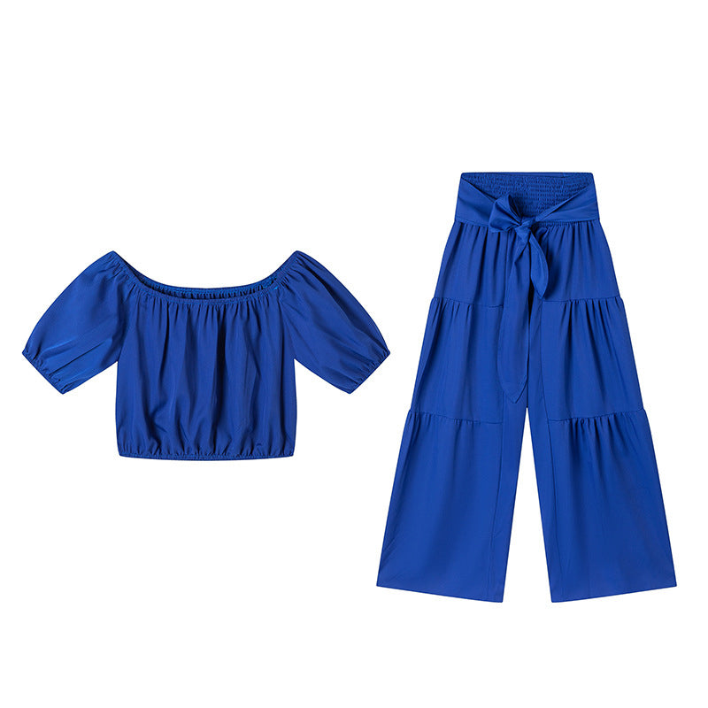 Off-Shoulder Puff Sleeve Top & Wide-Leg Pants 2-Piece Set – Elegant, Comfortable & Perfect for Summer Days