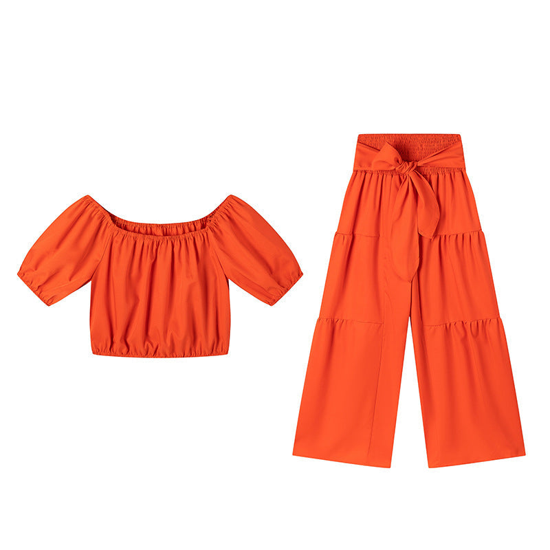 Off-Shoulder Puff Sleeve Top & Wide-Leg Pants 2-Piece Set – Elegant, Comfortable & Perfect for Summer Days